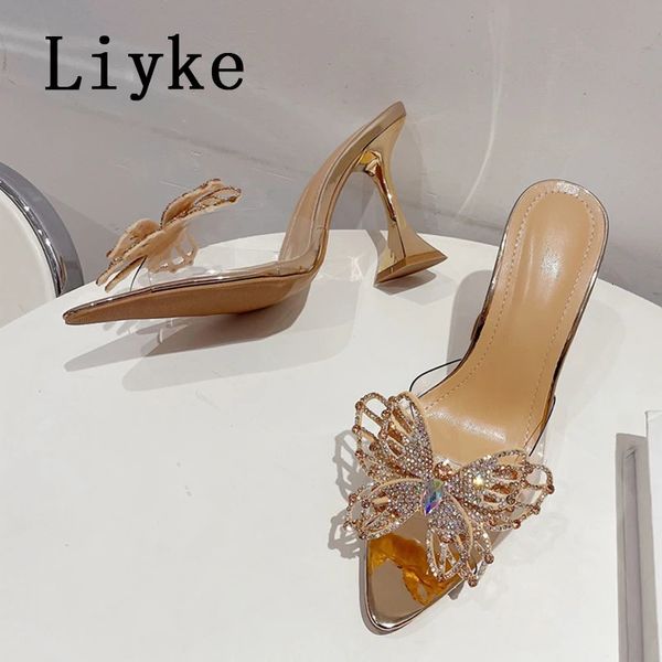 Liyke pvc chinelos transparentes para mulheres moda shinestone bowknot Sandals de verão pontual pontual de salto alto salto alto sapatos de baile 240322