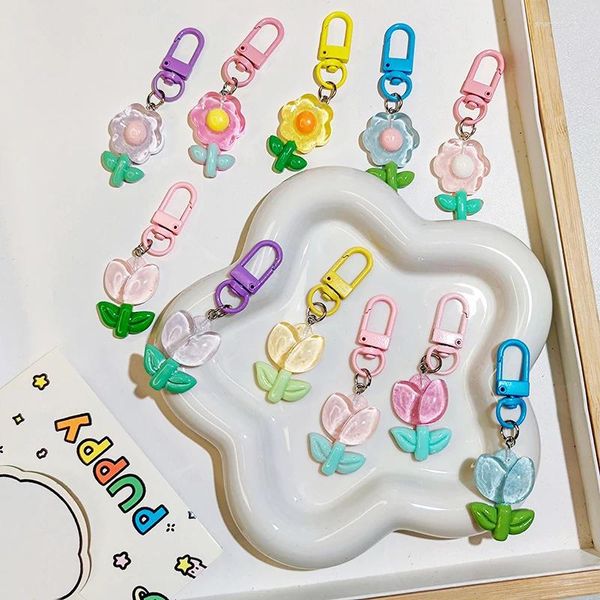 Keychains modische süße süße Tulpeblumen Schlüsselkette für Frauen Bag Rucksack Anhänger Schmuck Schmuckmädchen Girl's Auto Ring Schlüsselbund