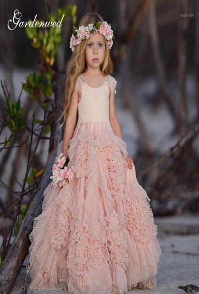 Girl039s Dresses Fairy Pink Flower Girl Boho 3D Ruffled Girls Communione Aline Chiffon Pageant14989291