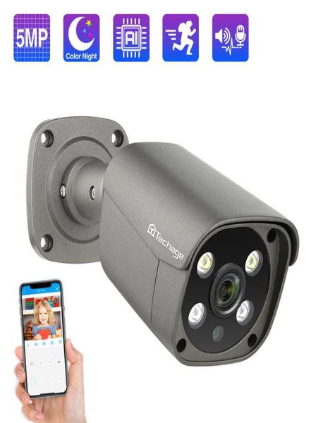 Techage 5MP Segurança Poe Câmera Ai Detecção Humana Twoway Câmera IP IP IP66 Vigilância de CCTV ao ar livre Full Color Night P2P H096040218