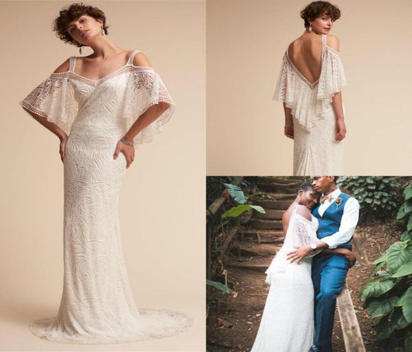 Vestidos de noiva de sereia bhldn fora dos apliques de renda dos ombros Sweep Train Plus Tamanho Vestido de noiva Vestido de Manga Longa Longa