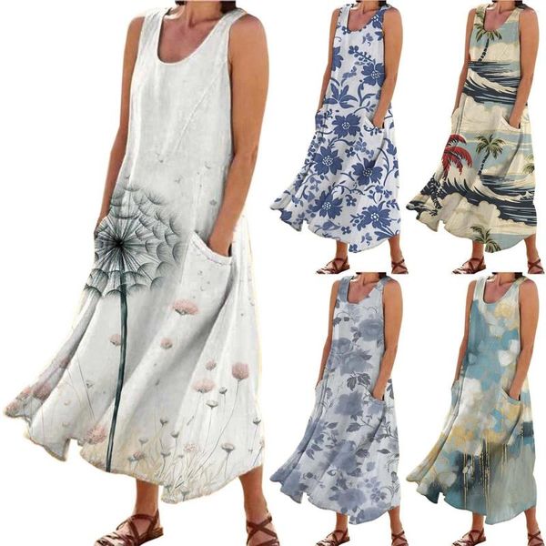 Vestidos casuais vestido de linho de algodão floral vintage para mulheres 2024 Sundress de longa praia de longa praia camisa de tanque solto verão com bolsos