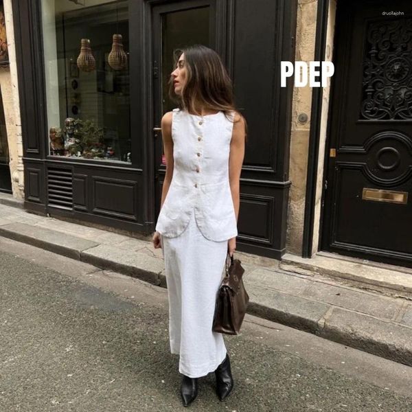 Abiti da lavoro PDEP 2024 Summer White Conjuntos para vestir Sleeveless Vestido gilet e gonna in vita alta Abito in lino a due pezzi Set per donne