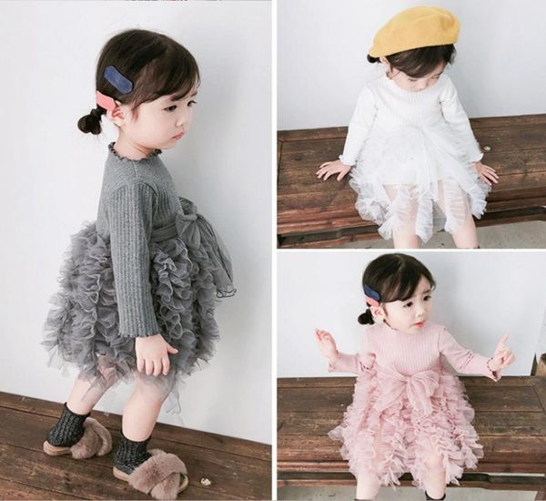 Roupas de menina de menina Big Bow Criandler costura vestidos de malha de manga comprida Tutu Dress Girls Girlfits Boutique Boutique Baby Clothing9023565