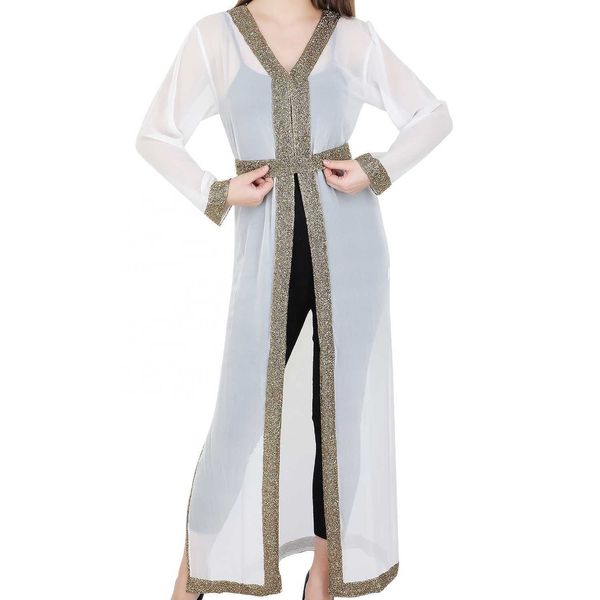 Novo vestido de chiffon kaftan, abaya dubai, trabalho étnico de mão étnica cardigã roupas modestas quimono muçulmano