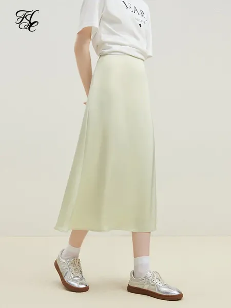 Röcke Fsle Temperament A-Line Satinrock für Frauen elegant hellgrüne damenhafte Art mit mittleren Länge hip weiblicher Sommer
