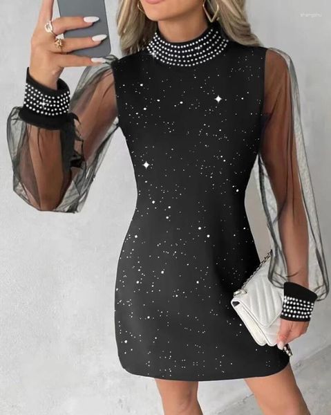 Lässige Kleider Frauen elegantes Kleid 2024 Frühlingsschicht bloßes Mesh Patch Glitter Strass Fashion Mock Hals Mini