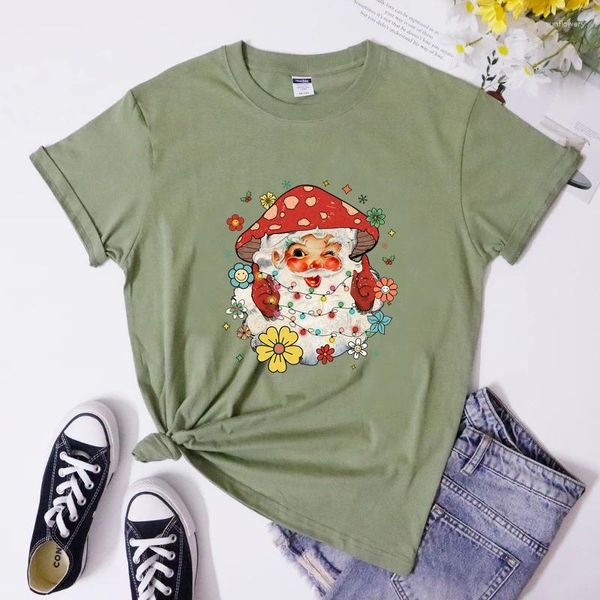 Camisetas femininas Camisetas Groovy Santa Cogumelo de Natal Camisa de Natal Retro inverno Merry Xmas Holiday Gift T-shirt Esteticéticos Mulheres Vibes Party Tee Top