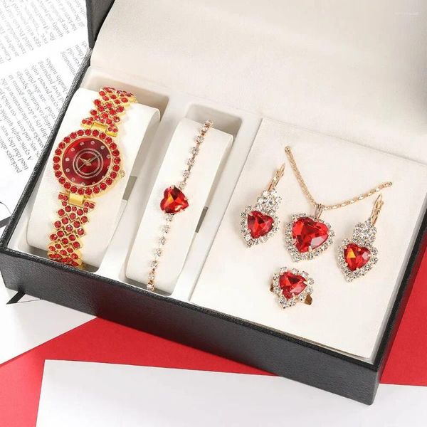 Relógios de pulso 6pcs relógios femininos Conjunto de moda de luxo diamante completo britânico Jóias casuais Brincos de colar de joalheria Ring Watc