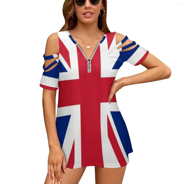 Frauen T-Shirts Union Jack T-Shirt Mode gedruckt Zipper V-Ausschnitt Kurzarm Casual Plus Size Flagge United