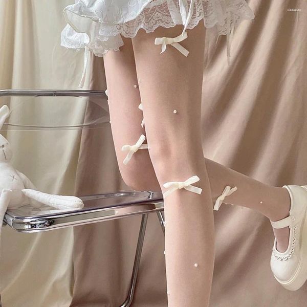 Frauen Socken Lolita Strumpfhosen Velvet Bow Perle Stickstätten Körperstrümpfe Strumpfhosen Japan Style Sweet Girls Nylon