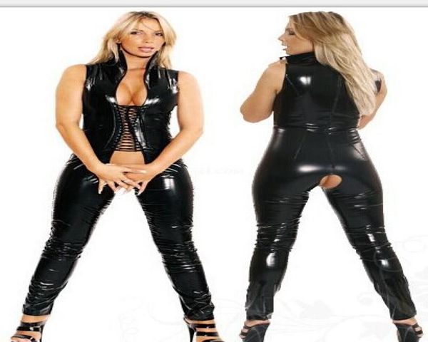 Ganzes Mxxl Frauen sexy schwarzer PVC Latex Jumpsuit Faux Leder Offener Schritt Verband CatSuit Erotische DS Clubwear Pole Dance Bodysu3105261
