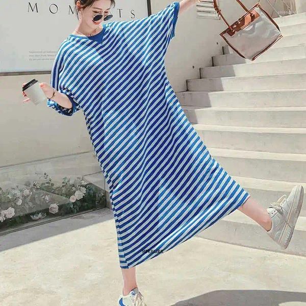 Abiti casual Plus size 6xl 150 kg Donne Blue Stripe Dress O Neck Short Short Ladies Long Summer Vintage Maxi Vestidos