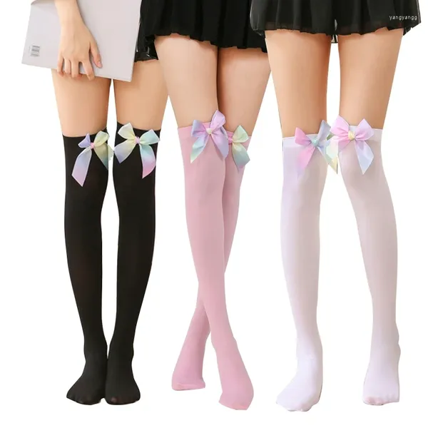 Frauen Socken Oberschenkel hoher Regenbogen -Bogenknoten über den knielangen Strümpfen Anime Cosplay Bottoming Qualy