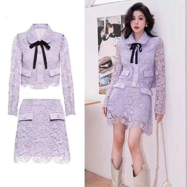 Abiti da lavoro Runway Summer Lace Lace Due pezzi Set da donna Elegante Collar Up Boball Boaded Button Out Tops Mini gonna abiti