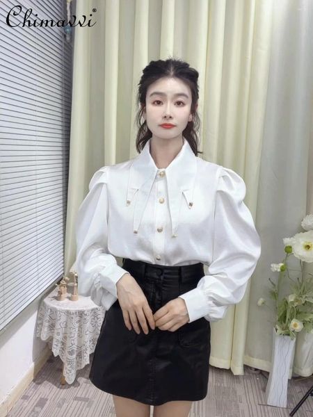 Bloups feminina estilo coreano camisas brancas elegantes 2024 Moda de primavera de gola pontiaguda Blusa Mulheres de manga longa Mulheres tops