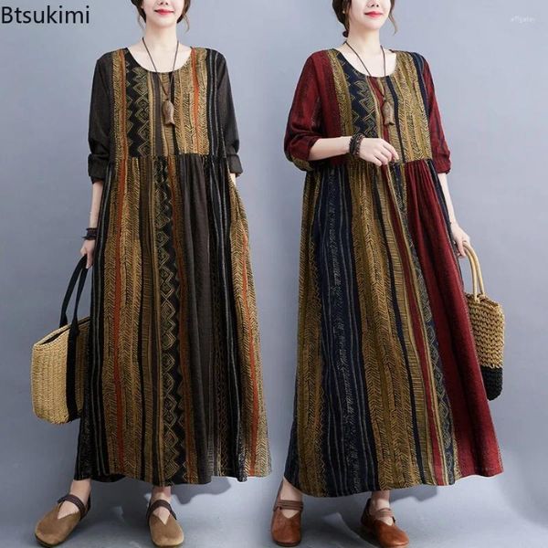 Abiti casual 2024 Abito a maniche lunghe a strisce vintage a strisce vintage per donna Temperamento di moda Maxi oversize Vestidos Robe Femme