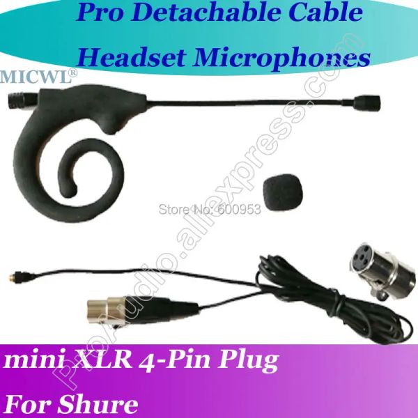 Microfones Microfones Microfone de fogo de ouvido preto destacável para Shure Wireless com 4pin XLR Mini Connector