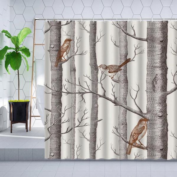 Cortinas de chuveiro Autumn tronco cortina de pássaro árvores de bétula de textura decoração de decoração de parede de pano de pano de banheiro poliéster Conjunto de suspensão