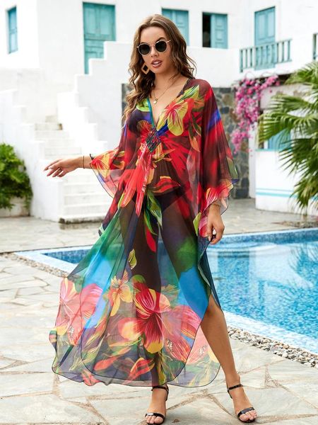 Summer Wear 2024 Women Women Floral Stampato Turkish Kaftan Swimsuit Copriero sexy Flowy Chiffon Beach Abito da spiaggia Cover-Ups Q1559