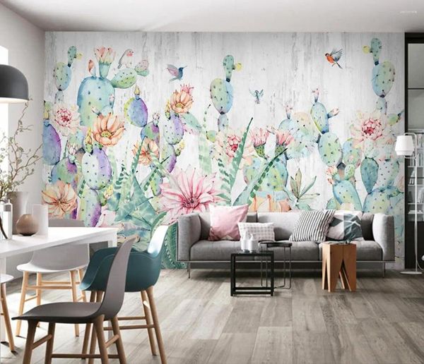 Wallpaper Custom Tapete Wandbauer Nordische tropische Pflanzen handbemalte Flamingo Kaktus fliegender Vogel Hintergrund Wall Papel de Parde