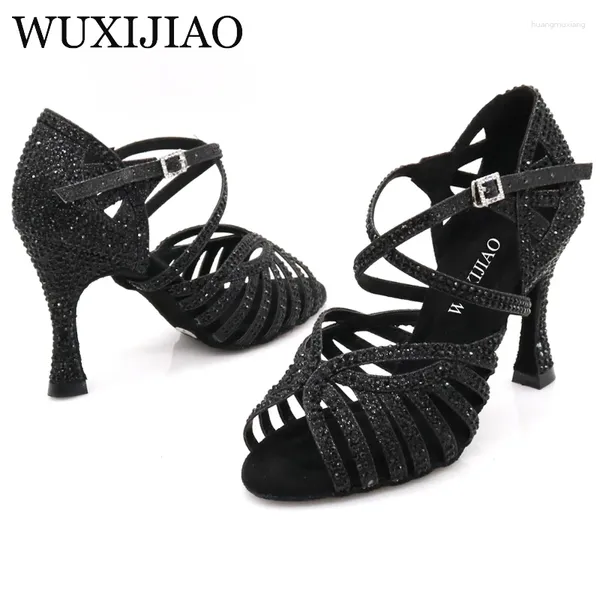 Sapatos de dança wuxijiao latim glitter dourado shinestones salsa salsa salsa macia salto macio