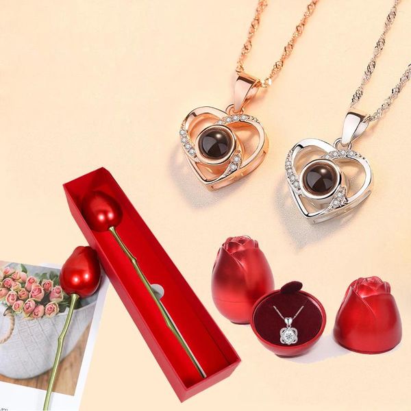 Anhänger Halskette Liebe Herz Halskette mit Rose Geschenkbox für Frauen Freundin 2024 Valentine Day Präsentieren Mode romantischer Schmuck Geburtstag