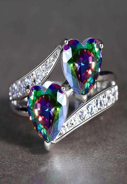 Beiver Double Heart Rainbow CZ Ring em faixas de casamento banhadas a ródio aaa zircão jóias para mulheres acessórios Anel de noivado Q07081257529