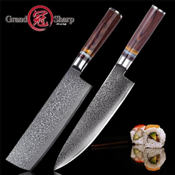 Grandsharp 2 PCS Damascus Kitchen Knives Sets японский VG10 стальной шеф -повар nakiri usuba кухонные ножи овощи Кливер инструменты с G1460759