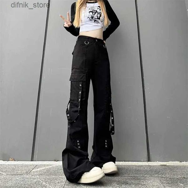 Jeans femminile 2023 roupa y2k strtwear moto moto black dritte flare cargo jeans pantaloni donne vestiti goth vestiti harajuku lady lady pantaloni y240408