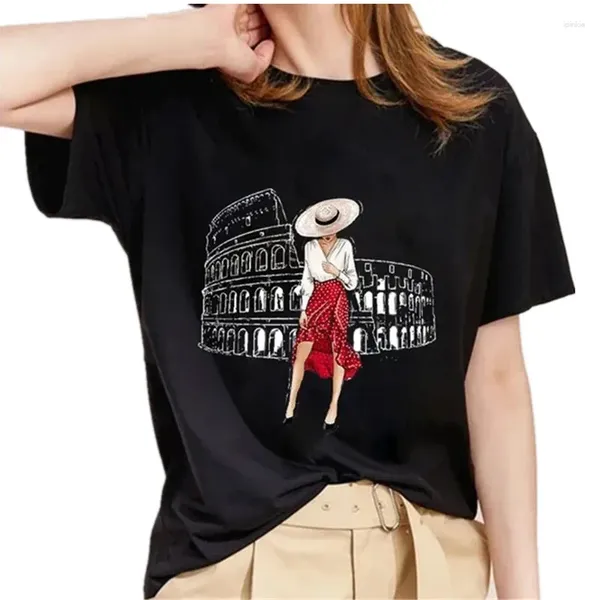 Frauen T-Shirts Frauen Sommer High Heels drucken schwarze T-Shirts Schönes Mädchen Sonnenblumen Grafik T-Shirt Kurzarm T-Shirt