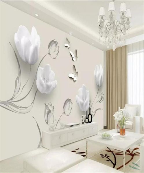 Custom Qualquer tamanho 3D Flor Wallpaper Moda Simples Tulipe Butterfly Sala de estar da sala de cozinha Decoração de casa Papéis de parede de parede mural Co8226673