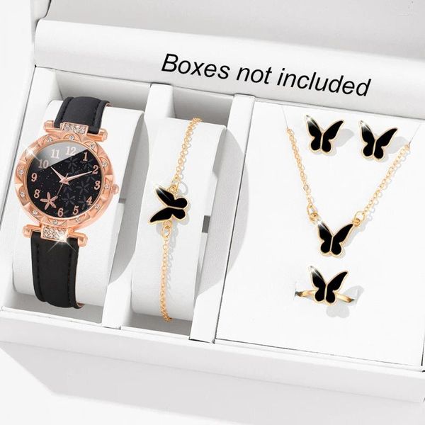 Relógio de Wristwatches 6pcs/set Women Shiny Shiny Quartz Watch com pulso de couro PU analógico e pulseiras - presente perfeito para mamãe
