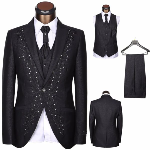 Tuxedos belos noivos do noivo bordado noivo Men tuxedos Mens Man Jacket Blazer Dinner de 3 peças (jaqueta+calça+gravata+colete) A