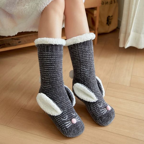 Grip Thermal Socken Fuzzy Frauen Winter warmer Plüsch Nicht -Slip -Weichin weiblicher Kaninchenohr 3d Kawaii Lustige flauschige Bodenschuhe Sock 240408