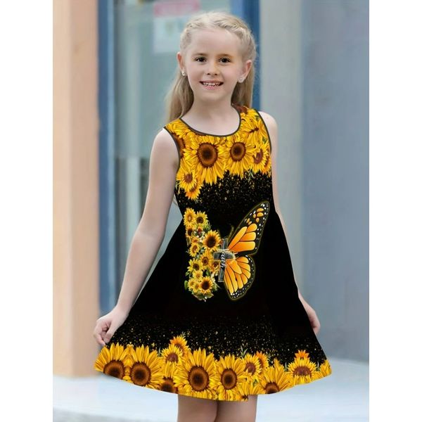 Mädchen Sonnenblumen Druck ärmellose Kleid lose fit und bequem runde Hals Sommerkleidung Kinder Kleidung Kleidung