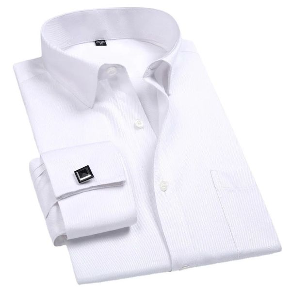 Homens francês camisa de punho de punho botões brancos de manga longa camisas de marca masculina roupas de ajuste regular 240401