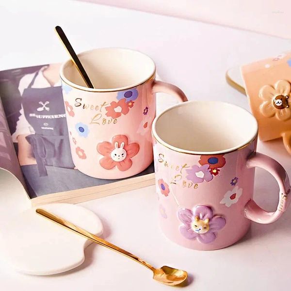 Tassen 300 ml kreativer Blumendruck süße Tasse mit Löffel und Deckel Büro Haus Milch Frühstück Kawaii Geschenkbecher für Mädchen