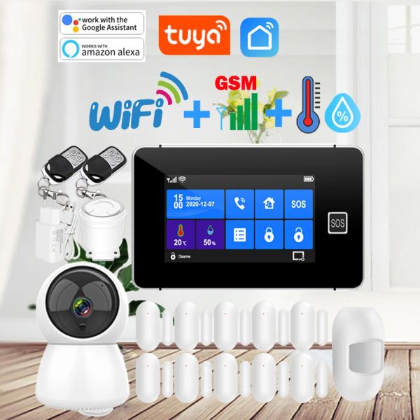 Kits Smart Life App WiFi GSM Home Security Alarm System 433MHz drahtloser Sensor Tuya Einbrecher Hostunterstützungstemperaturfeuchtigkeit Anzeige