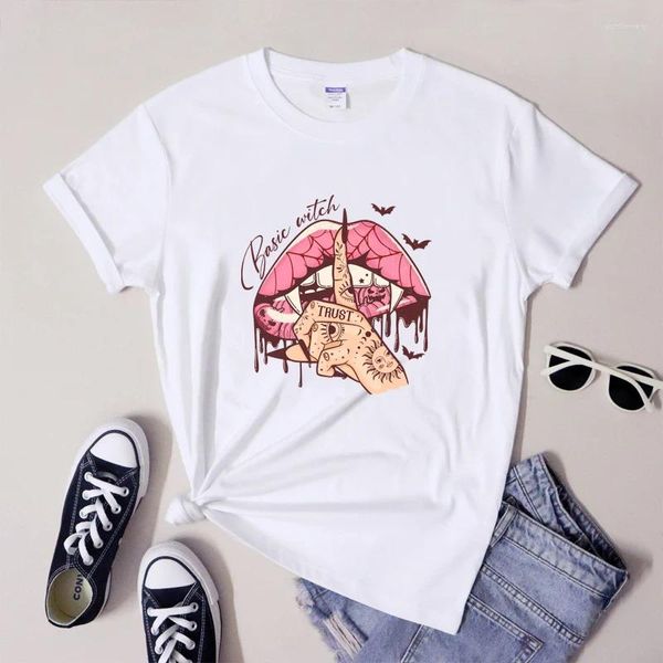 Damen T-Shirts Grundlegende Hexen rosa Lippen T-Shirt Gothic Witchy Frau Graphic Tee Shirt Top Ästhetik Halt das T-Shirt-Outfit