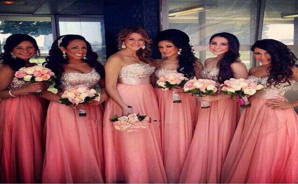 Sparkly Coral Long Bridesmaid Kleider Pailletten Perlen drapierte Chiffon Brautjungfern Hochzeitsfeier Kleid Pfirsich Abendkleider8040318