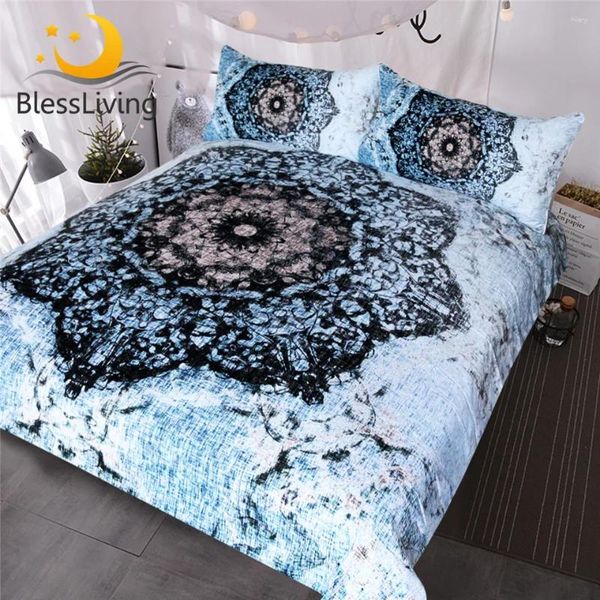 Bettwäsche Sets segneling Mandala Set Schwarz -Blau -Bettdecke -Abdeckung Blumen bedrucktes Bett für Erwachsene Blumenbettclänen doppelte