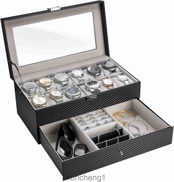 Custodia per orologi da 10 slot per uomini organizzatore di gioielli da uomo Organizzatore di orologio Visualizza con cassetti scatole di stoccaggio di orologi in pelle PU con coperchio in vetro e cuscino -Black