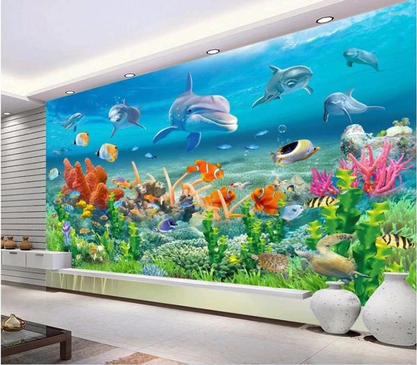 Duvar Kağıtları 3 D Po Duvar Kağıdı Yunuslar Mercan Deniz Pavilion Dekor Özel Duvar Rulmi 3D Duvar Halinalleri Oturma Odası Duvarları Resim