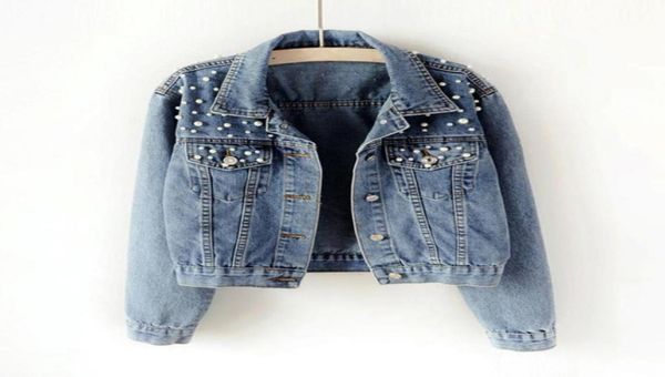 2020 Herbst Perle Perl Perlen Crop Denim Jackets Frauen lässige Jeans Bomber Jacke Langarm Denim Coat Plus Size Outwear ed6899409