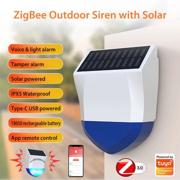 Detektor Tuya Smart WiFi Solar Outdoor Outdoor -Schallleuchte -Licht -Sirenen -Detektor Bluetooth Sound Alarm Fernbedienung mit Gateway Hub