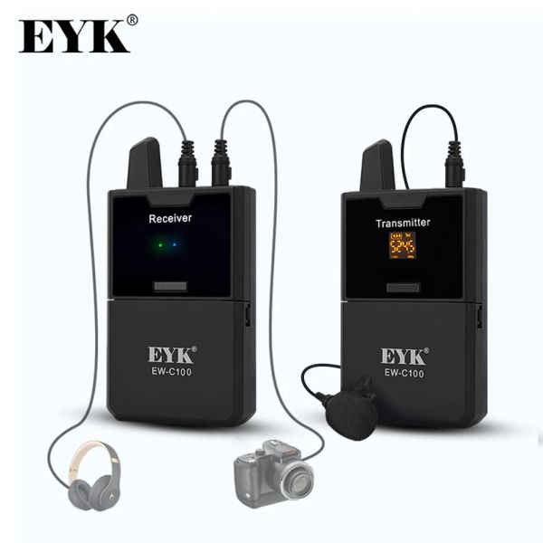 Microfones EYK EWC100 Câmera microfone Lavalier sem fio com função de monitor UHF MIC LAPEL sem fio para câmeras DSLR de smartphones