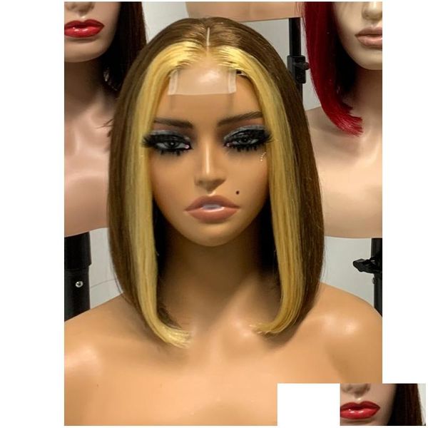 Perucas de renda Indian Virgin Human Human Silky reto 2x6 Bob Wig 99J T4/350/4 Cor natural 10-14 polegadas 150% 180% de densidade entrega de entrega