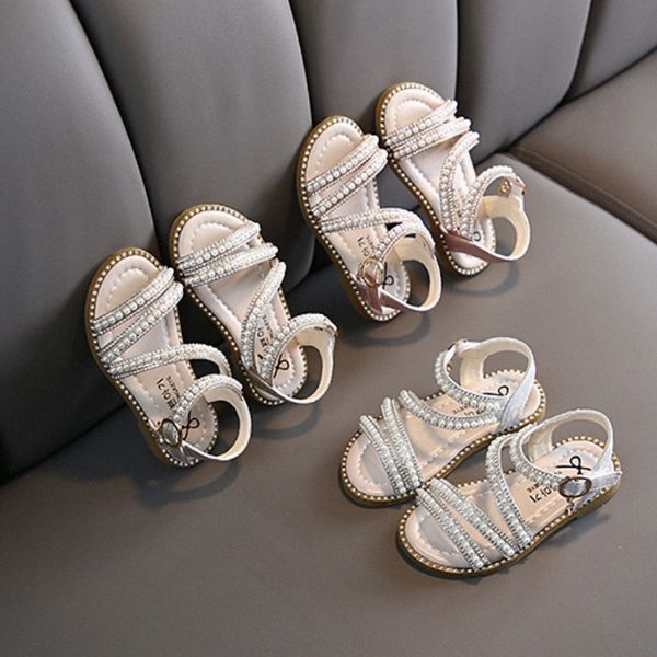 Girls Sandals Children Summer Ladies Pearl Princess Scarpe Toddler Youth Performance Scarpe Pink Golden EUR 21-36 D4R0#