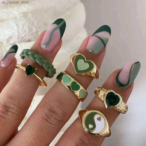 Anelli a grappolo Nuovi anelli di Crystal Crystal Green Kunckle Set per le donne smalto yin yang ad anello di dito geometrico Girls Fashion Jewelry240408